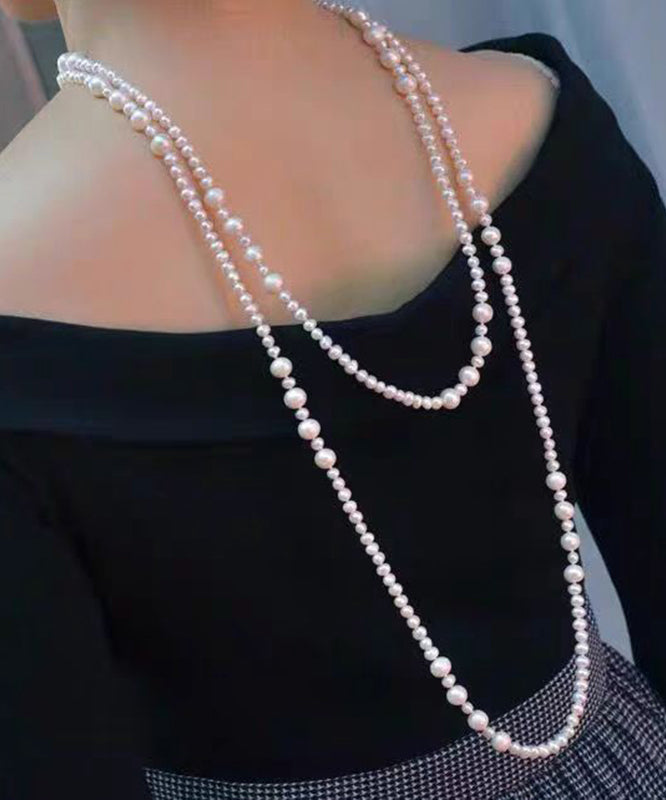 Elegant White Sterling Silver Pearl Sweater Necklace YR002