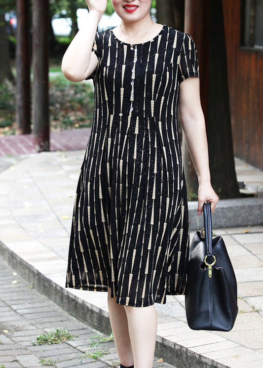 Elegant Yellow O-Neck Striped Long Dress Short Sleeve VB1001