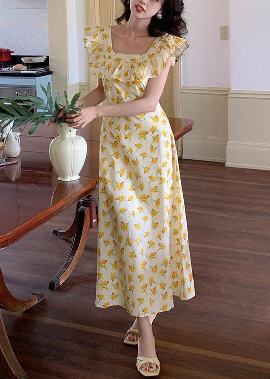 Elegant Yellow Ruffled Print Cotton Long Dress Sleeveless ZL017