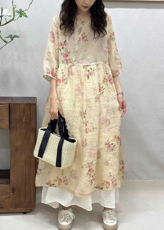 Elegant Yellow V Neck Print Linen Long Dresses Half Sleeve JH024