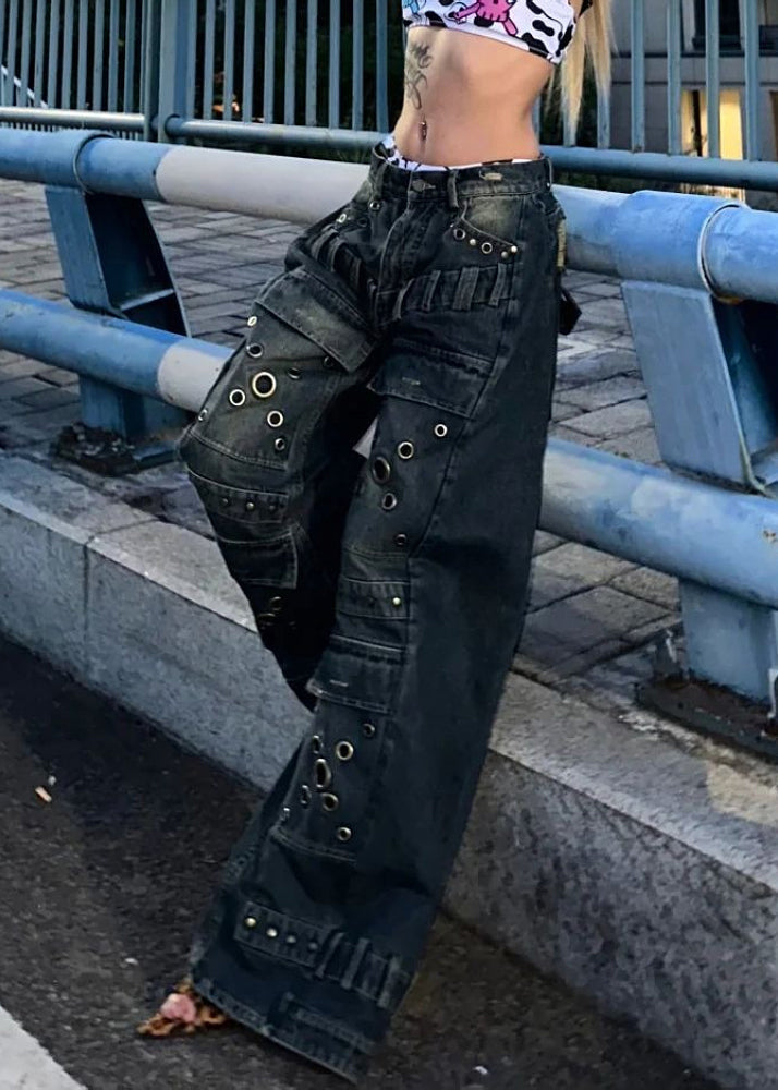 Europäischer und amerikanischer Stil Blaue Nieten-Denimhose mit weitem Bein Herbst WP048