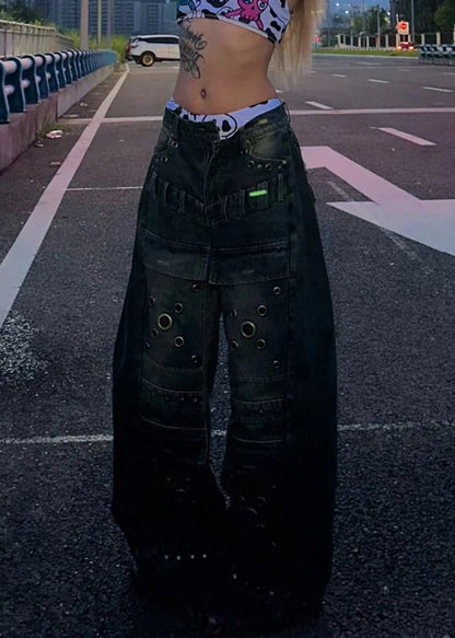 Europäischer und amerikanischer Stil Blaue Nieten-Denimhose mit weitem Bein Herbst WP048