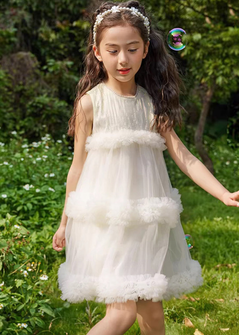 Fashion Beige O-Neck Patchwork Tulle Kids Mid Dresses Summer XZ012