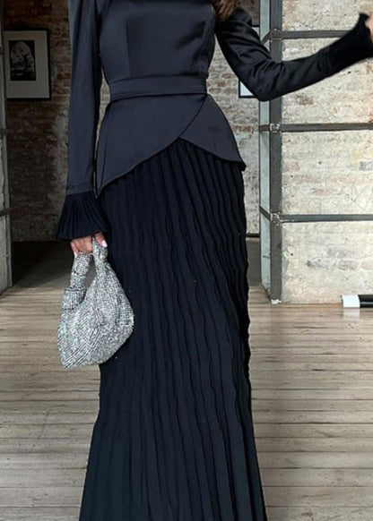 Fashion Black Wrinkled Patchwork Silk Long Dress Fall WO049