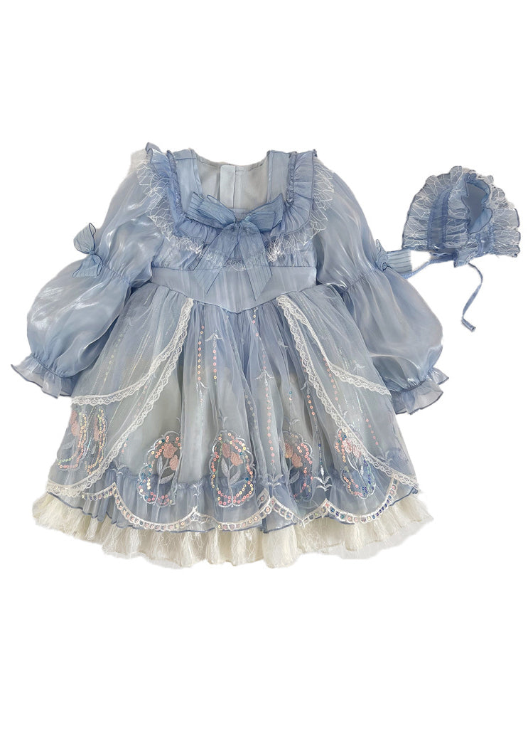 Fashion Blue Bow Embroideried Patchwork Tulle Girls Vacation Maxi Dresses Puff Sleeve RP049