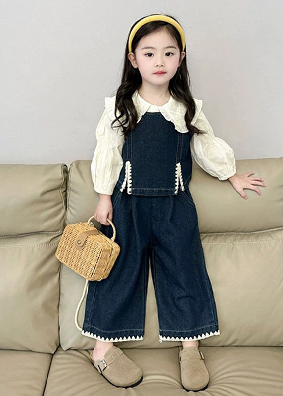 Fashion Blue Kids Denim Waistcoat Shirts And Crop Pants Three Pieces Set Spring TR033