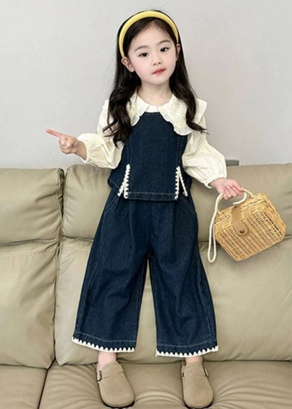 Fashion Blue Kids Denim Waistcoat Shirts And Crop Pants Three Pieces Set Spring TR033