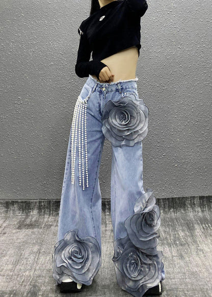 Fashion Blue Pockets Floral Bead Tassel Denim Pants Fall RI013