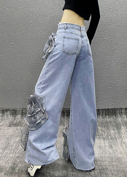 Fashion Blue Pockets Floral Bead Tassel Denim Pants Fall RI013