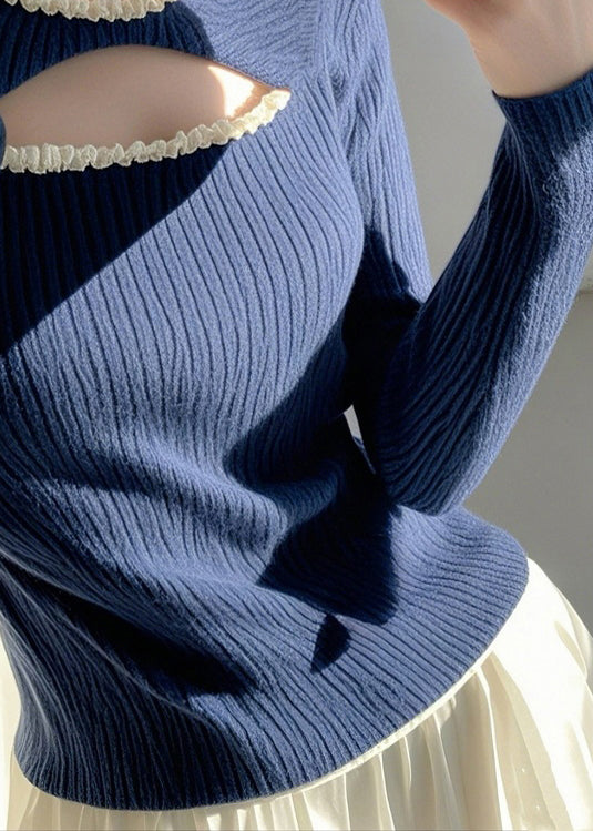 Fashion Blue Ruffled Hollow Out Knit Sweater Spring TO006