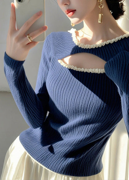 Fashion Blue Ruffled Hollow Out Knit Sweater Spring TO006