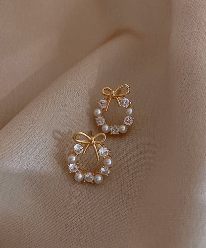 Fashion Gold Copper Alloy Pearl Bow Stud Earrings WP007