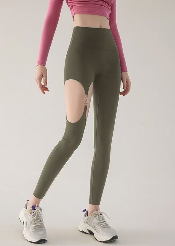 Fashion Green Hollow Out High Waist Capri Leggings Activewear TH011