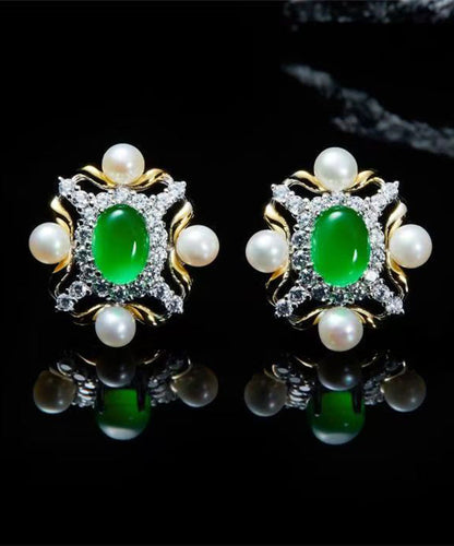 Boucles d'oreilles à tige en argent sterling vert avec zircon et perles de jade AC1081