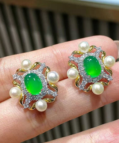 Fashion Green Sterling Silver Overgild Zircon Jade Pearl Stud Earrings AC1081