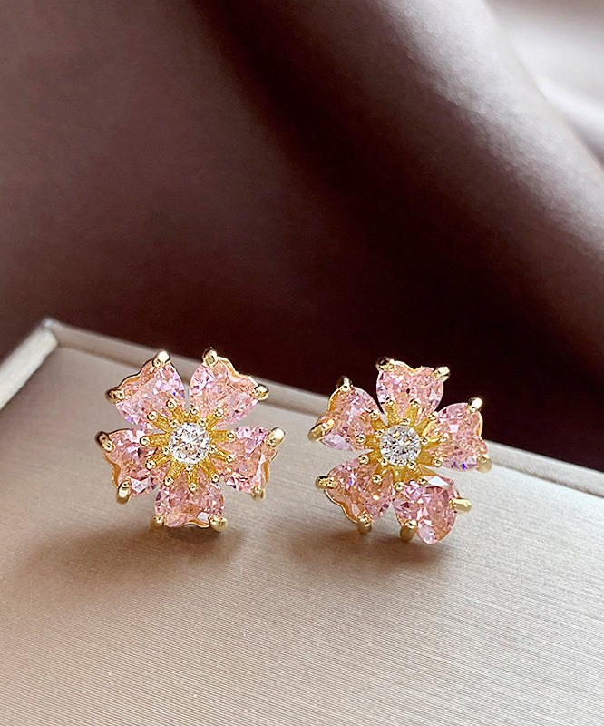 Mode Rosa Kupfer Legierung Zirkon Floral Stud Ohrringe WH029