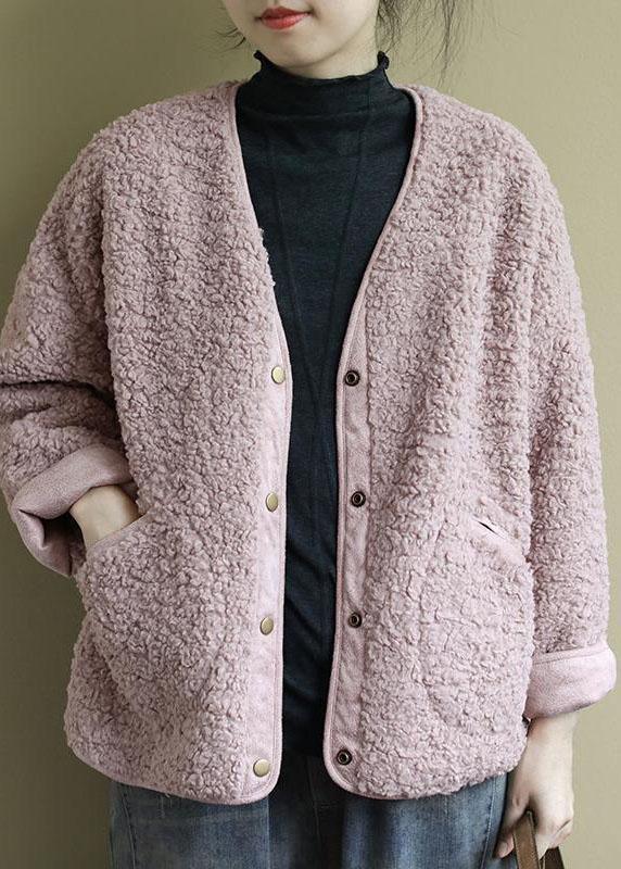 Fashion Pink Pockets Button Casual Fall Winter Thick Coats Long sleeve QS043