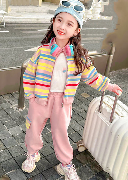 Fashion Pink Striped Zippered Kids Top And Pants Two Pieces Set Spring TR022