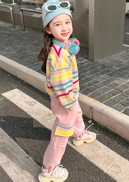 Fashion Pink Striped Zippered Kids Top And Pants Two Pieces Set Spring TR022