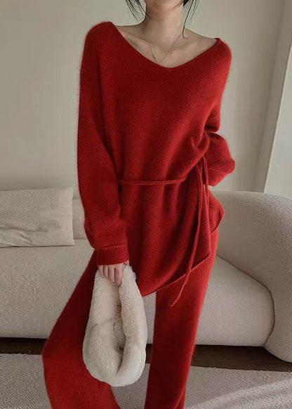 Modisches, rotes Strickpullover und -hose, 2-teiliges Outfit für den Herbst WO031