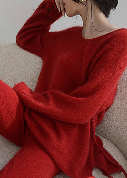 Modisches, rotes Strickpullover und -hose, 2-teiliges Outfit für den Herbst WO031