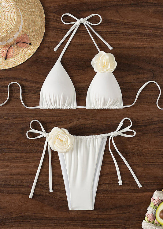 Modischer, sexy, weißer Bikini-Badeanzug mit Blumenmuster und Schnürung, VC020