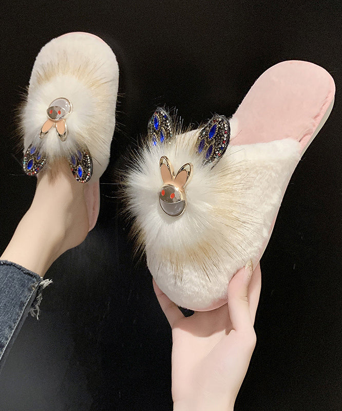 Fashion Splicing Slippers Shoes Khaki Fuzzy Fur Zircon RX019