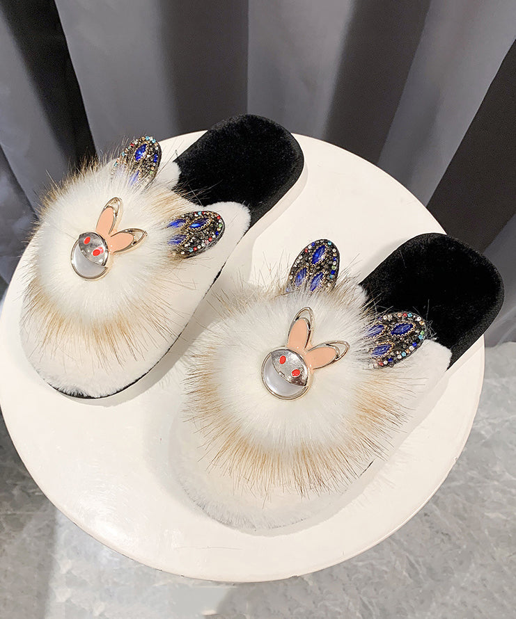 Fashion Splicing Slippers Shoes Khaki Fuzzy Fur Zircon RX019