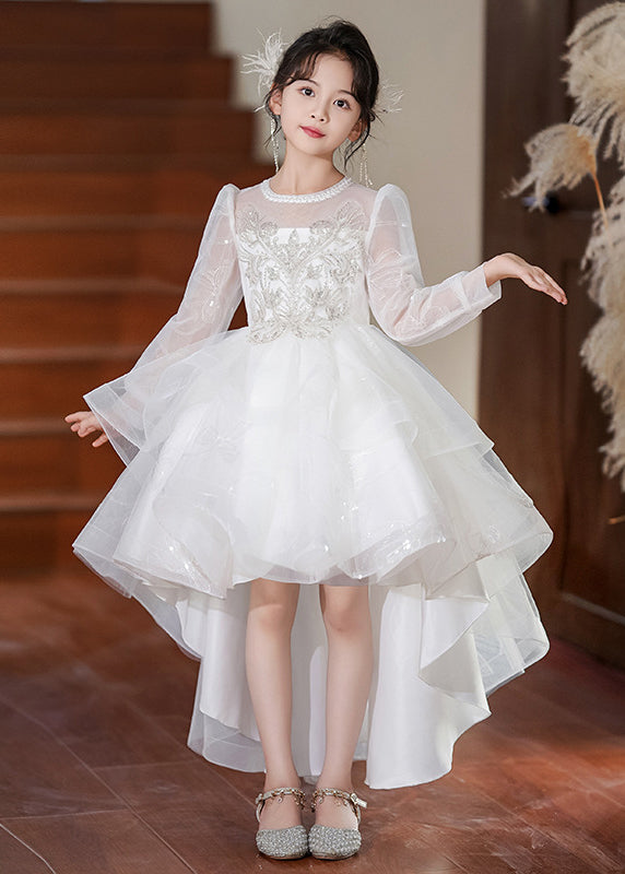 Fashion White O-Neck Low High Design Tulle Girls Maxi Dresses Spring YE003