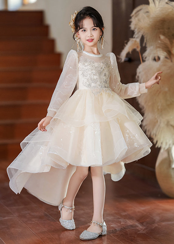 Fashion White O-Neck Low High Design Tulle Girls Maxi Dresses Spring YE003