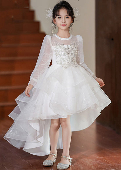 Fashion White O-Neck Low High Design Tulle Girls Maxi Dresses Spring YE003