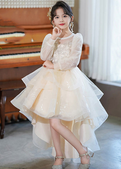 Fashion White O-Neck Low High Design Tulle Girls Maxi Dresses Spring YE003