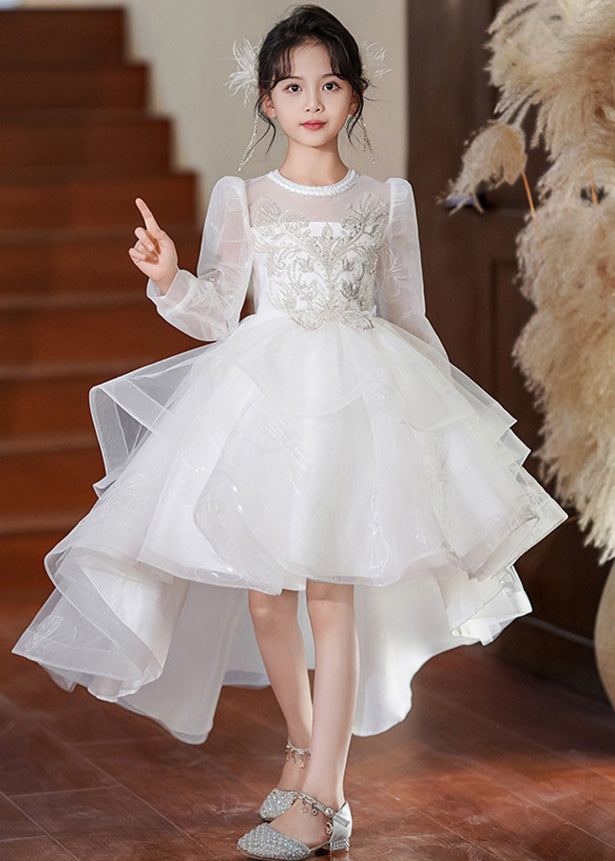 Fashion White O-Neck Low High Design Tulle Girls Maxi Dresses Spring YE003