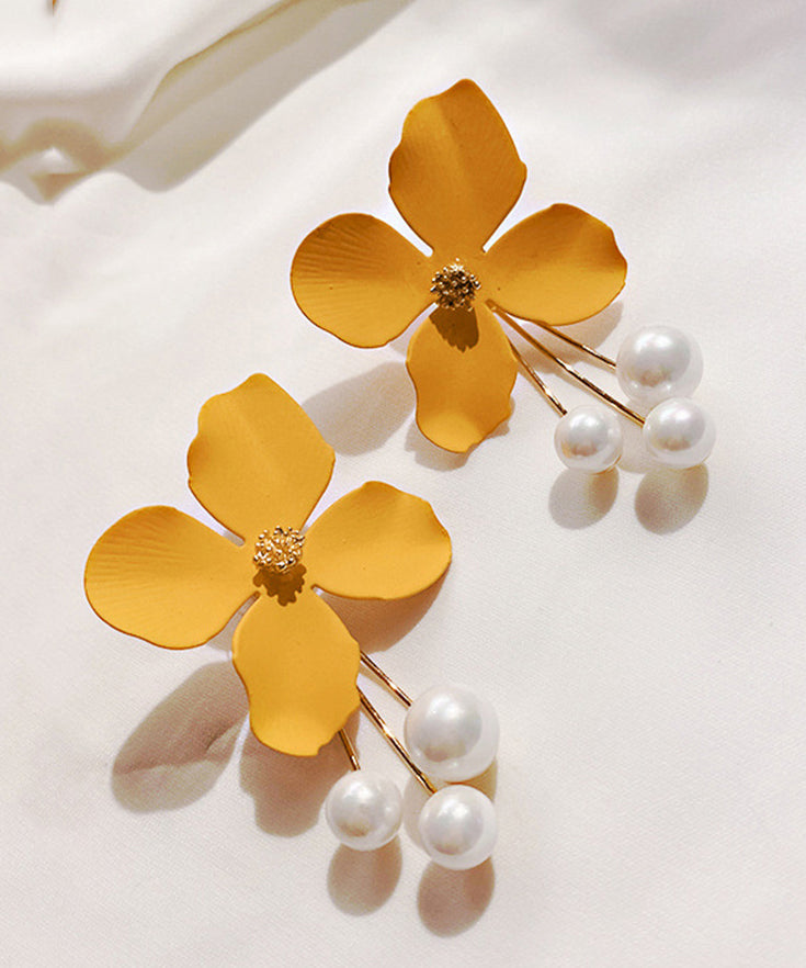 Fashion Yellow Metal Pearl Floral Tassel Drop Earrings QJ032