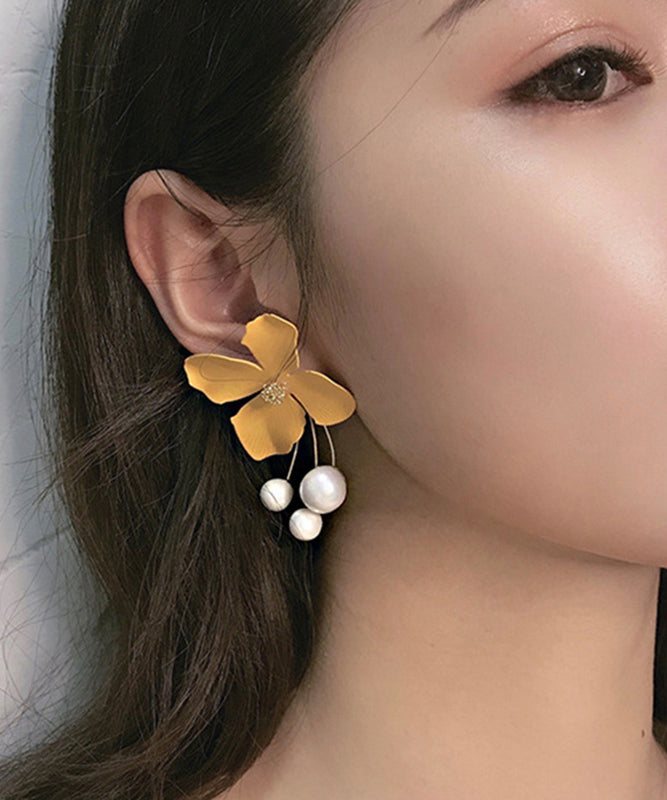 Fashion Yellow Metal Pearl Floral Tassel Drop Earrings QJ032