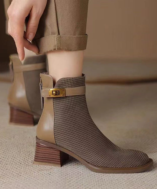 Modische klobige Stiefel mit Reißverschluss und Rindsleder in Khaki WB017