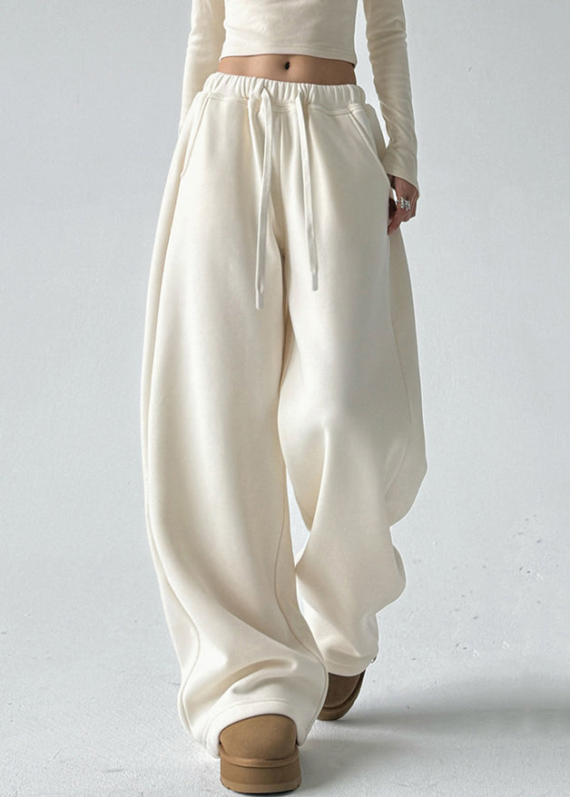 Fine Apricot Pockets Drawstring Thick Wide Leg Pants Spring TA048