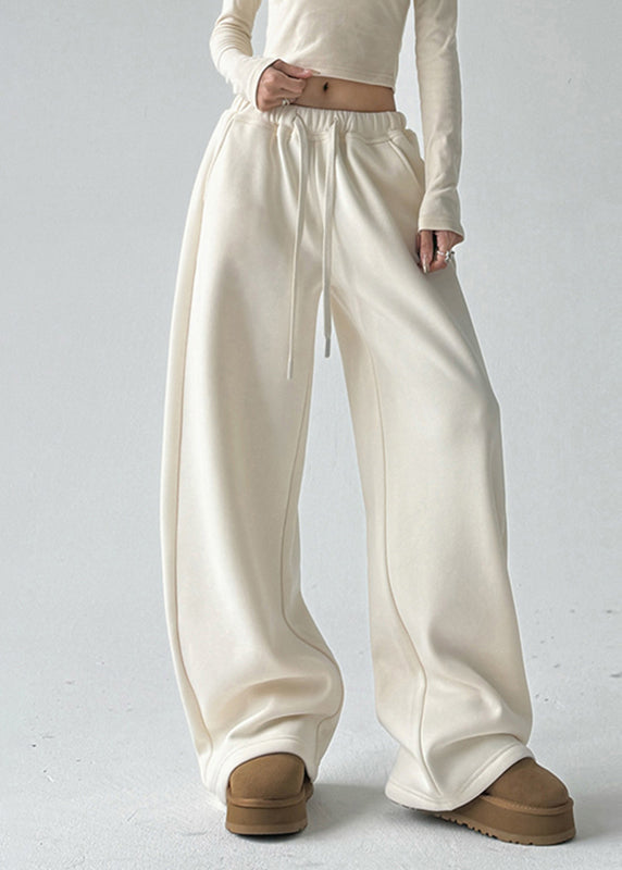 Fine Apricot Pockets Drawstring Thick Wide Leg Pants Spring TA048