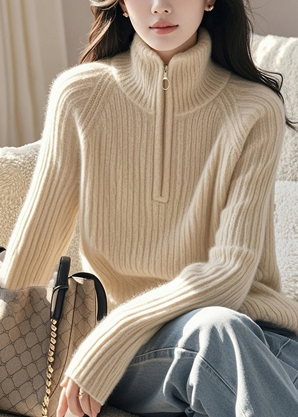 Fine Beige Zip Up High Neck Knitted Sweaters Spring TO012