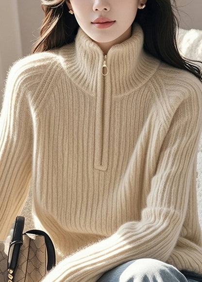 Fine Beige Zip Up High Neck Knitted Sweaters Spring TO012