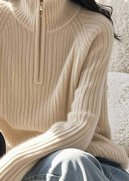 Fine Beige Zip Up High Neck Knitted Sweaters Spring TO012