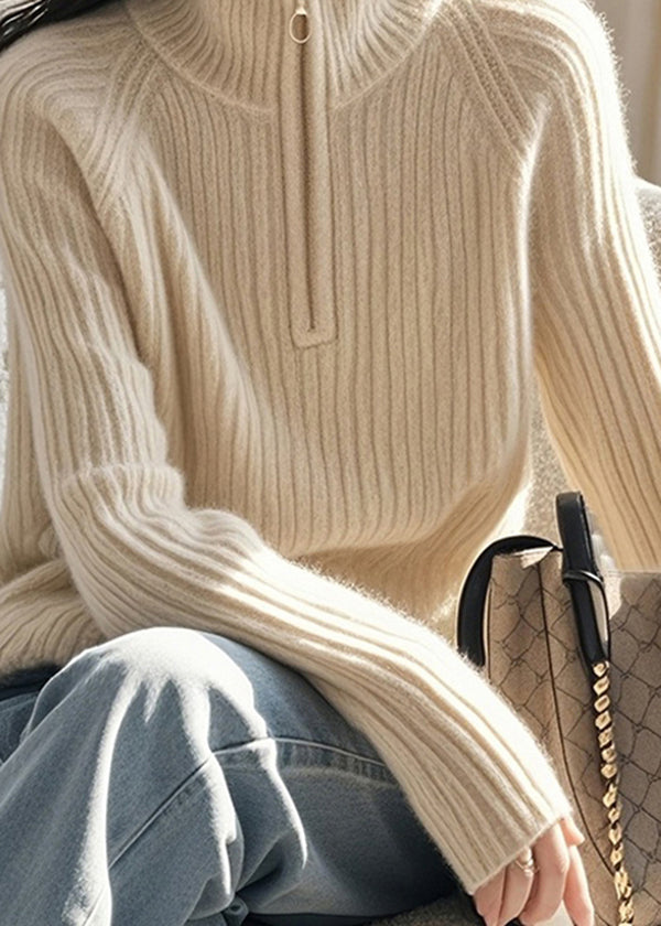 Fine Beige Zip Up High Neck Knitted Sweaters Spring TO012