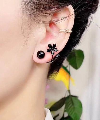 Boucles d'oreilles à tige florales en alliage noir fin incrustées de pierres précieuses GH1086