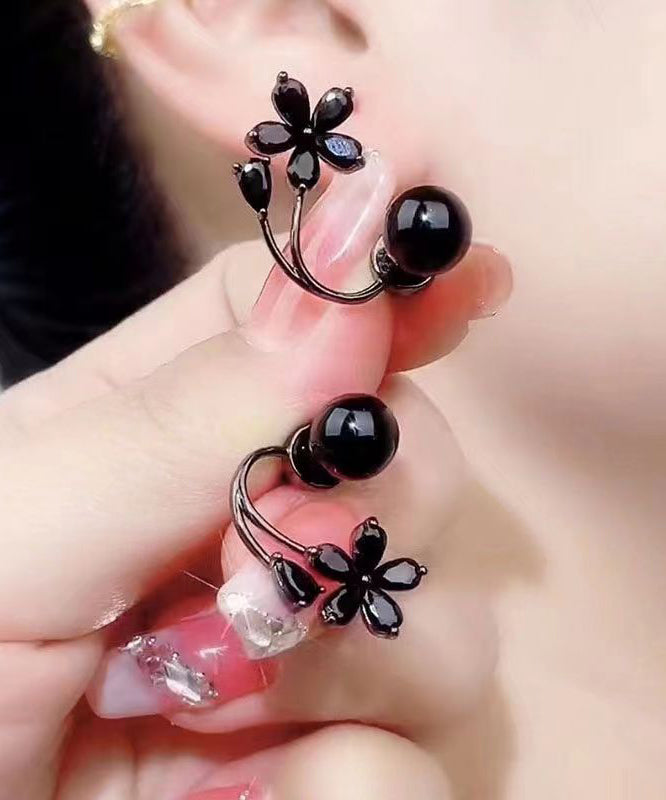 Boucles d'oreilles à tige florales en alliage noir fin incrustées de pierres précieuses GH1086