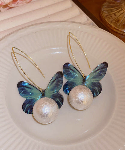 Boucles d'oreilles pendantes en forme de papillon avec perles en acrylique bleu fin PO076