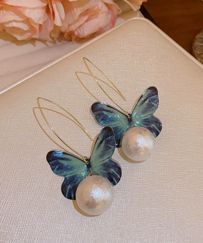 Boucles d'oreilles pendantes en forme de papillon avec perles en acrylique bleu fin PO076