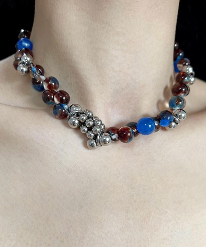 Collier en acier inoxydable et acrylique bleu fin WO016