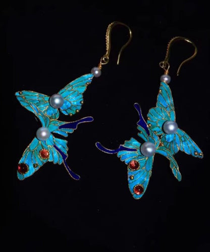 Fine Blue Sterling Silver Overgild Pearl Crystal Butterfly Drop Earrings QQ033