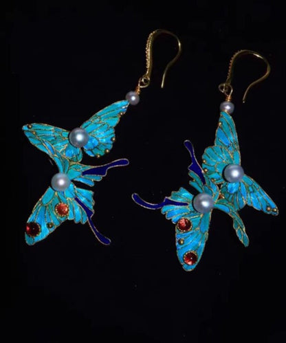 Fine Blue Sterling Silver Overgild Pearl Crystal Butterfly Drop Earrings QQ033