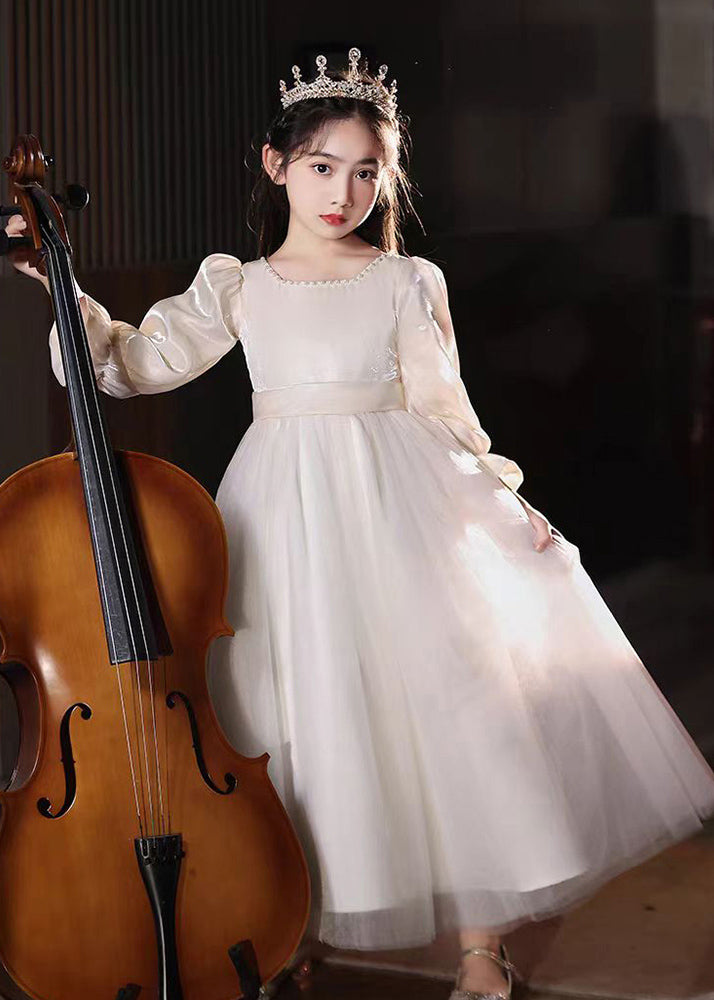 Fine Champagne Square Collar Nail Bead Tulle Kids Long Dress Puff Sleeve QV004